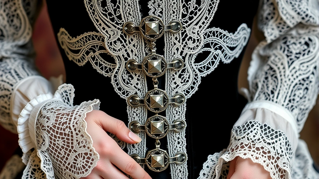 Close-up detail shot of intricate black velvet corset bodice with white lace overlay, ornate silver buckles, delicate white lace cuffs at wrists, showing the craftsmanship and layering techniques essential to Gothic Lolita construction. Photorealistic textile details.