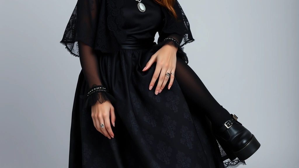 A full-length coordinate featuring black jacquard dress with subtle gothic patterns, dramatic layering with black lace shrug, thigh-high black stockings with decorative white cuff detail, black platform Mary Jane shoes with silver buckles, elegant silver jewelry including cameo choker and ornate rings. Complete sophisticated gothic lolita ensemble.