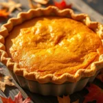 Golden-brown sweet potato pie with crimped edges, fresh from the oven, steam rising, displayed on a rustic wooden surface with autumn leaves scattered nearby, warm afternoon lighting