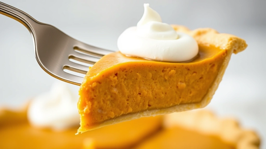 Close-up of a slice of creamy sweet potato pie being lifted with a silver fork, showing the smooth custard-like filling, topped with a dollop of whipped cream, against a soft blurred background