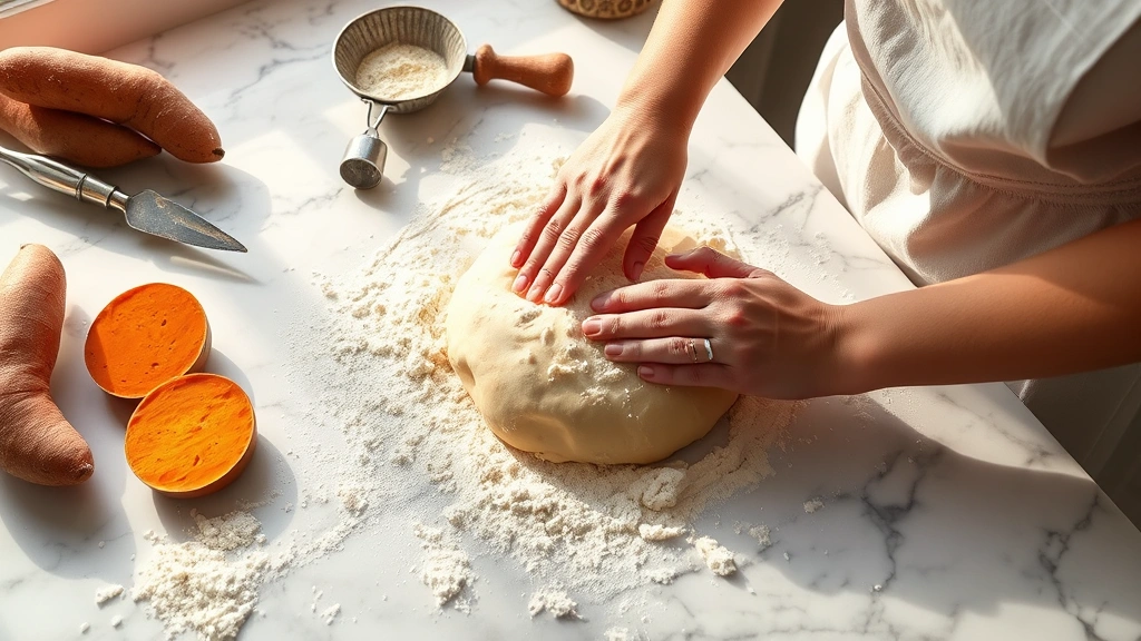 Hands kneading and preparing pie dough on a marble countertop, flour dusted, with fresh sweet potatoes and vintage baking tools visible, natural window lighting creating warm shadows