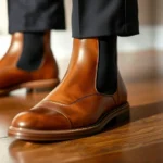Close-up of premium cognac leather Chelsea boot on polished wooden floor, showing rich patina and refined craftsmanship, natural lighting highlighting leather texture and subtle color variations, man wearing dark tailored trousers