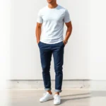 Man wearing perfectly fitted white crew-neck t-shirt with well-proportioned navy chinos and white minimalist sneakers, standing confidently with natural lighting highlighting fabric texture and fit details, casual yet intentional styling