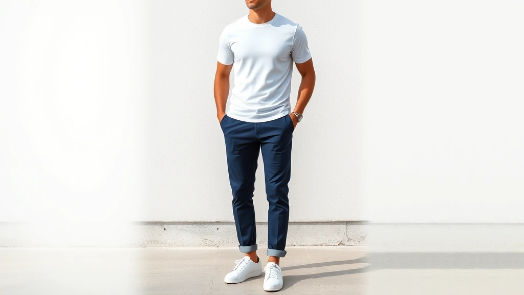 Man wearing perfectly fitted white crew-neck t-shirt with well-proportioned navy chinos and white minimalist sneakers, standing confidently with natural lighting highlighting fabric texture and fit details, casual yet intentional styling