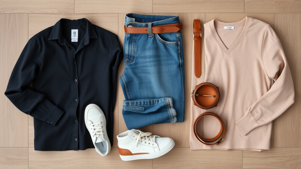 Overhead flat lay of casual wardrobe essentials including neutral colored basics, quality jeans, simple sneakers, leather belt, and subtle accessories arranged to show coordinated color palette and how pieces work together