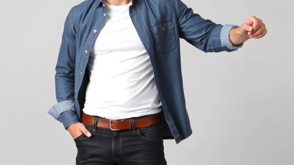 Man demonstrating layering technique wearing fitted white t-shirt under unbuttoned chambray overshirt with sleeves rolled to show layering, paired with dark jeans and Chelsea boots, showcasing proportional balance and seasonal transitional styling