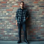 Young man wearing oversized flannel shirt, dark worn jeans, and heavy combat boots standing against urban brick wall, authentic grunge aesthetic with natural lighting and weathered textures