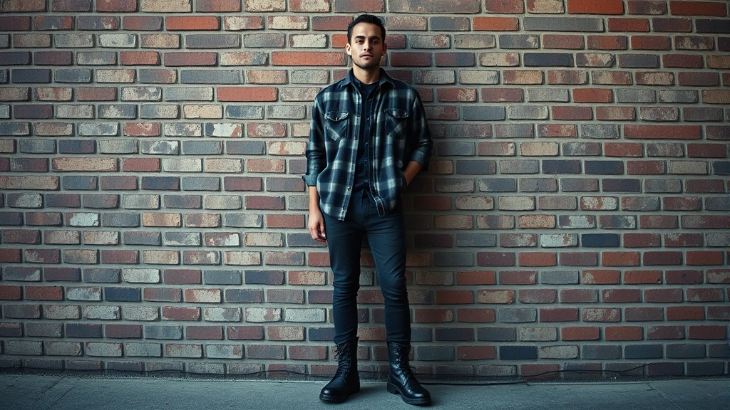 Young man wearing oversized flannel shirt, dark worn jeans, and heavy combat boots standing against urban brick wall, authentic grunge aesthetic with natural lighting and weathered textures