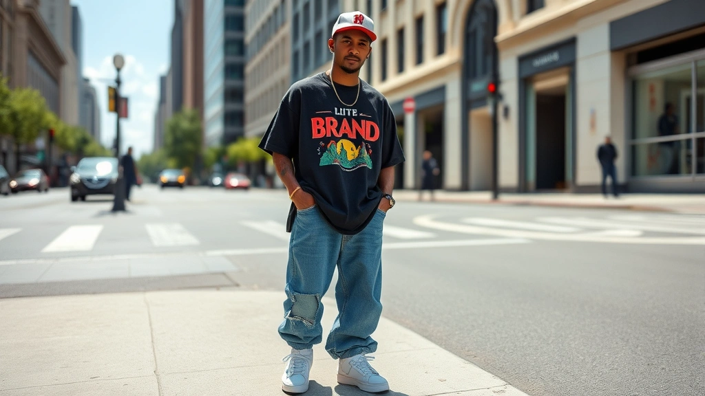 Street style photograph of man in baggy denim jeans, oversized vintage band t-shirt, white pristine sneakers, and baseball cap demonstrating 90s hip-hop fashion on city street with natural daylight