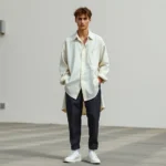 Male model wearing oversized cream linen button-up shirt tucked into tapered charcoal wool trousers, white leather sneakers, standing in minimalist urban setting, natural lighting highlighting fabric texture and proportions