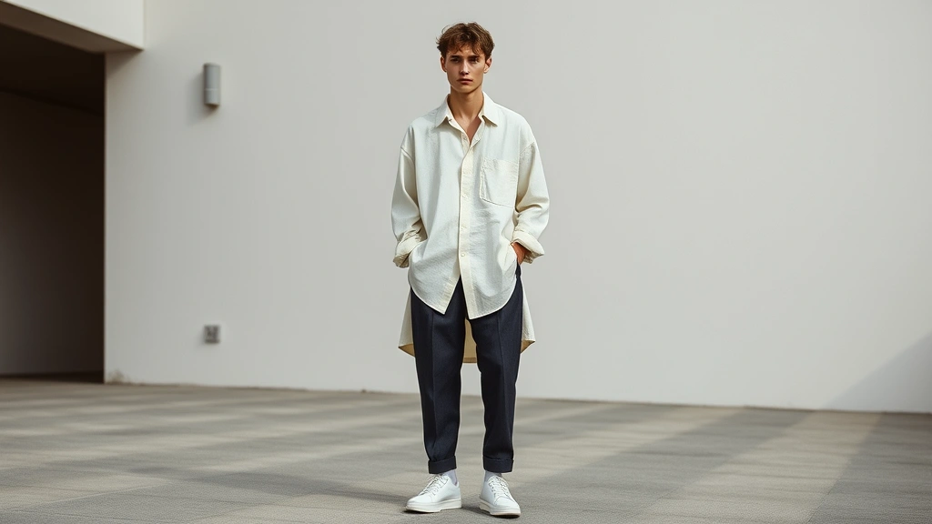 Male model wearing oversized cream linen button-up shirt tucked into tapered charcoal wool trousers, white leather sneakers, standing in minimalist urban setting, natural lighting highlighting fabric texture and proportions