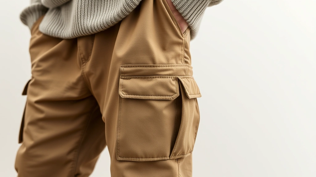 Close-up of layered baggy outfit: oversized khaki cargo pants with utility pockets, structured oversized sweater in neutral tone, premium leather boots, showing texture and fabric quality details