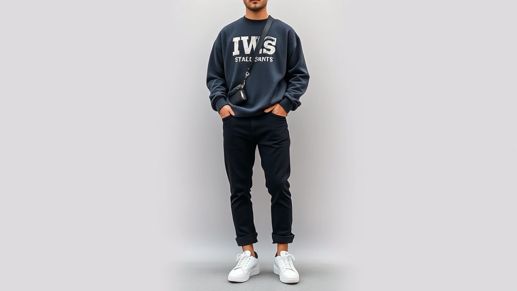 Full-body shot of man in baggy streetwear aesthetic: oversized graphic sweatshirt, tapered black jeans with slight cuff, chunky white sneakers, crossbody bag, casual confidence pose against neutral background