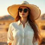 Woman wearing lightweight linen button-up shirt in cream color, wide-brimmed straw hat, oversized sunglasses, standing in desert landscape with warm golden hour lighting, effortlessly chic desert style