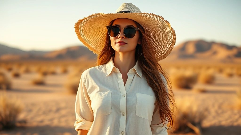 Woman wearing lightweight linen button-up shirt in cream color, wide-brimmed straw hat, oversized sunglasses, standing in desert landscape with warm golden hour lighting, effortlessly chic desert style