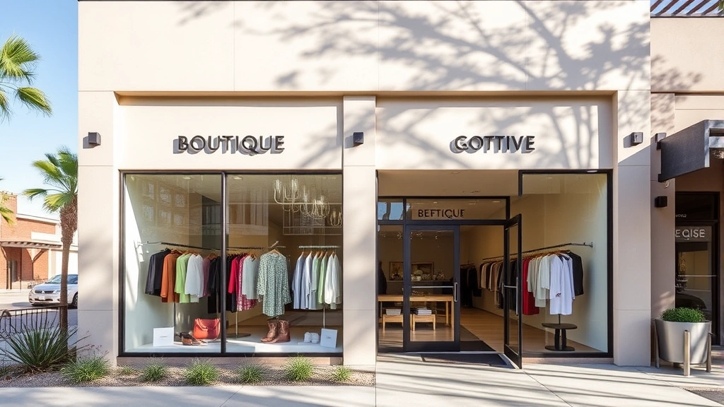Boutique storefront in Downtown Chandler with modern architecture, large windows displaying curated fashion pieces, natural daylight, inviting entrance, contemporary retail aesthetic