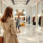 Woman browsing luxury fashion boutique with elegant clothing displays, marble floors, professional styling assistance, sophisticated shopping environment, natural lighting