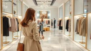 Woman browsing luxury fashion boutique with elegant clothing displays, marble floors, professional styling assistance, sophisticated shopping environment, natural lighting