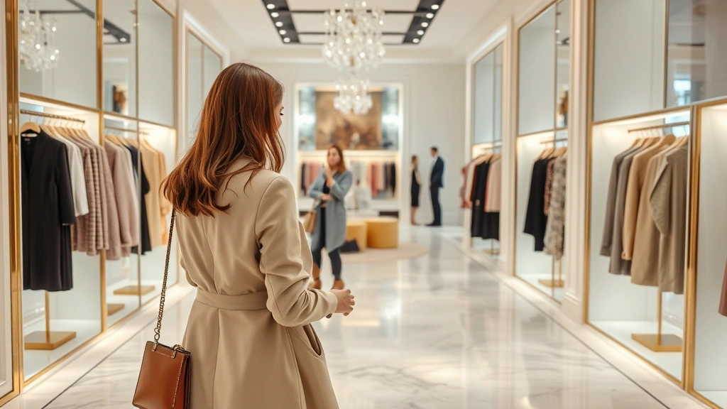 Woman browsing luxury fashion boutique with elegant clothing displays, marble floors, professional styling assistance, sophisticated shopping environment, natural lighting