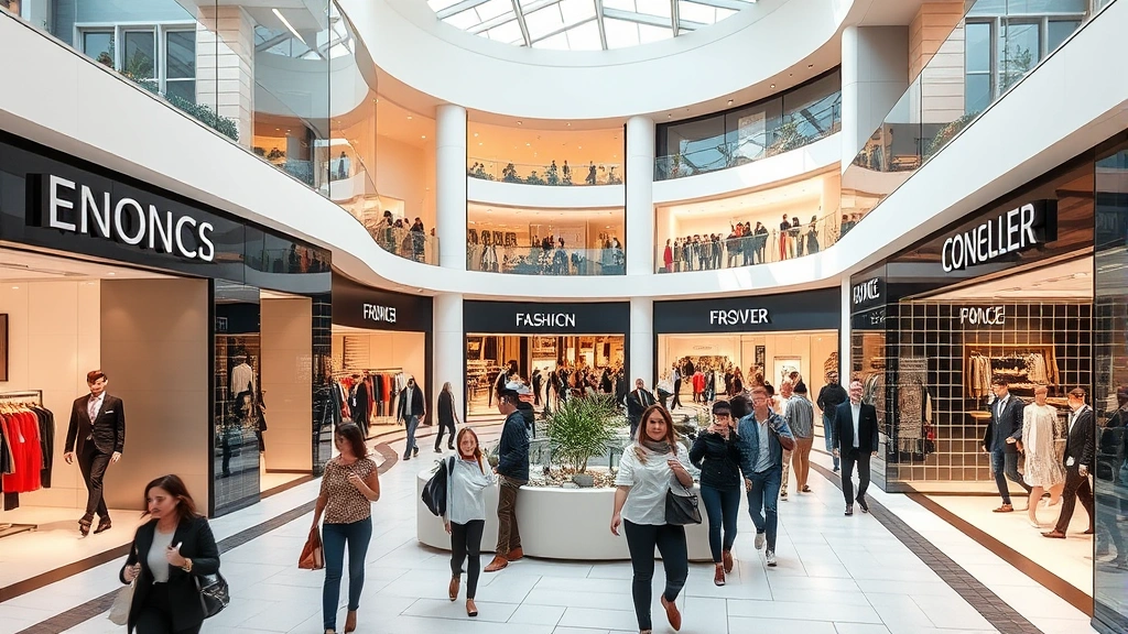 Fashion center interior with multiple storefronts, contemporary architecture, diverse shoppers exploring designer brands, modern retail space with aesthetic appeal