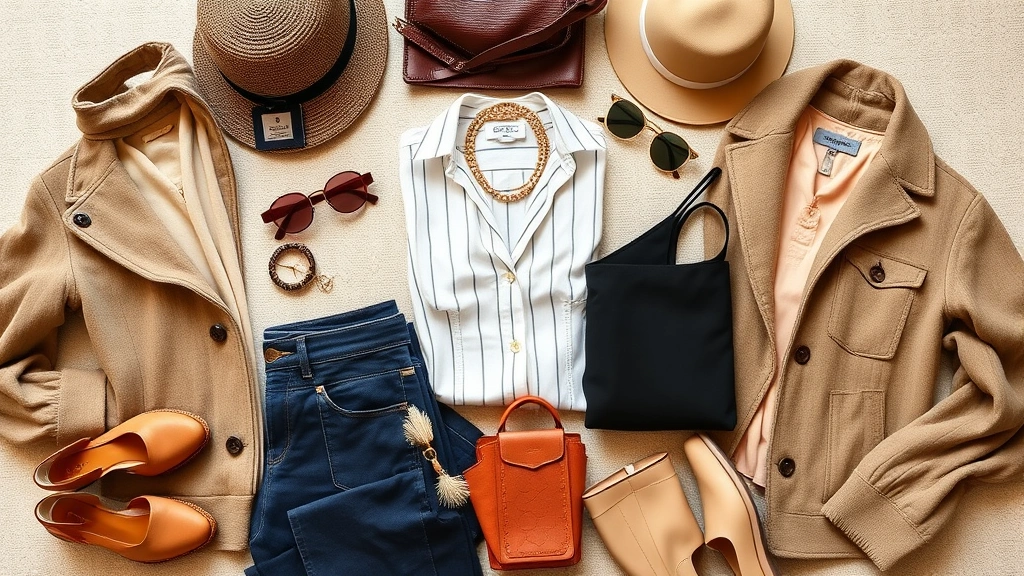 Styled outfit flat lay featuring coordinated pieces from different retailers, accessories, fashion items arranged artistically, wardrobe styling inspiration, neutral background