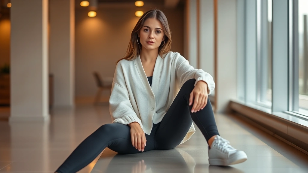 Woman wearing oversized cream cardigan with black fitted leggings and white leather sneakers, sitting relaxed in modern cinema setting with warm lighting, confident expression, neutral palette, photorealistic