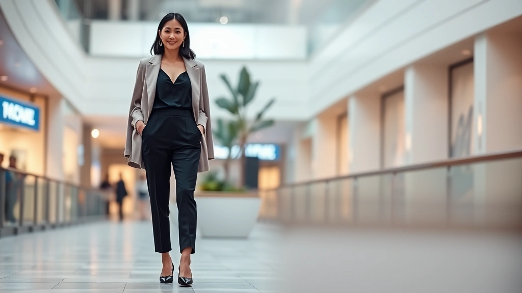 Fashion-forward outfit featuring tailored black jumpsuit with pointed-toe flats and structured blazer, standing in contemporary indoor mall environment with soft ambient lighting, sophisticated casual aesthetic, high fashion photography style