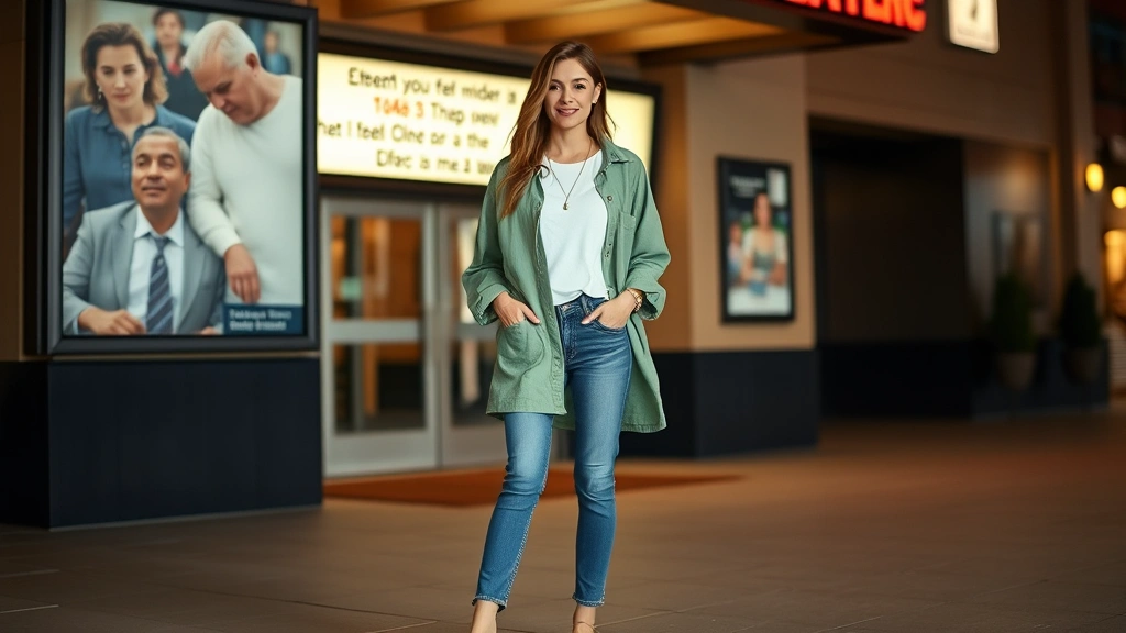 Casual chic movie night look with mid-wash jeans, oversized linen button-up shirt in sage green, simple white tee, and ballet flats, posed near theater entrance with natural lighting, effortlessly stylish appearance, warm and inviting atmosphere