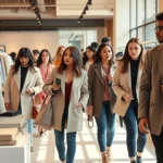 Diverse shoppers browsing contemporary fashion displays in modern retail environment, showcasing oversized blazers, neutral tones, and statement accessories, warm natural lighting