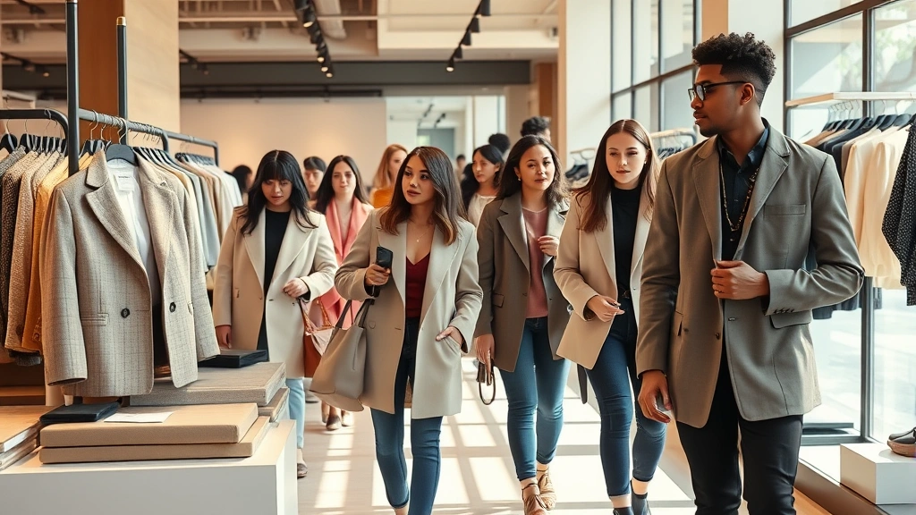 Diverse shoppers browsing contemporary fashion displays in modern retail environment, showcasing oversized blazers, neutral tones, and statement accessories, warm natural lighting
