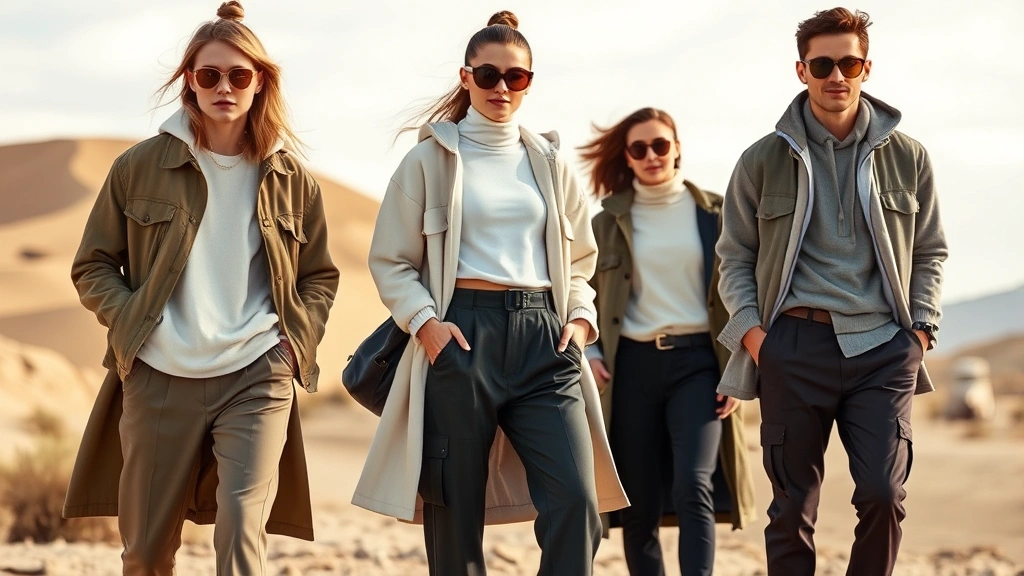 Fashion-forward individuals wearing athleisure outfits with layered styling, mixing technical fabrics with elevated basics, desert-inspired neutral color palette, casual sophistication