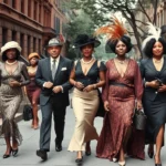 Vintage 1920s Harlem street scene with fashionably dressed African American men and women wearing drop-waisted dresses, zoot suits, feathered headpieces, and bold jewelry walking down a historic street lined with brownstones