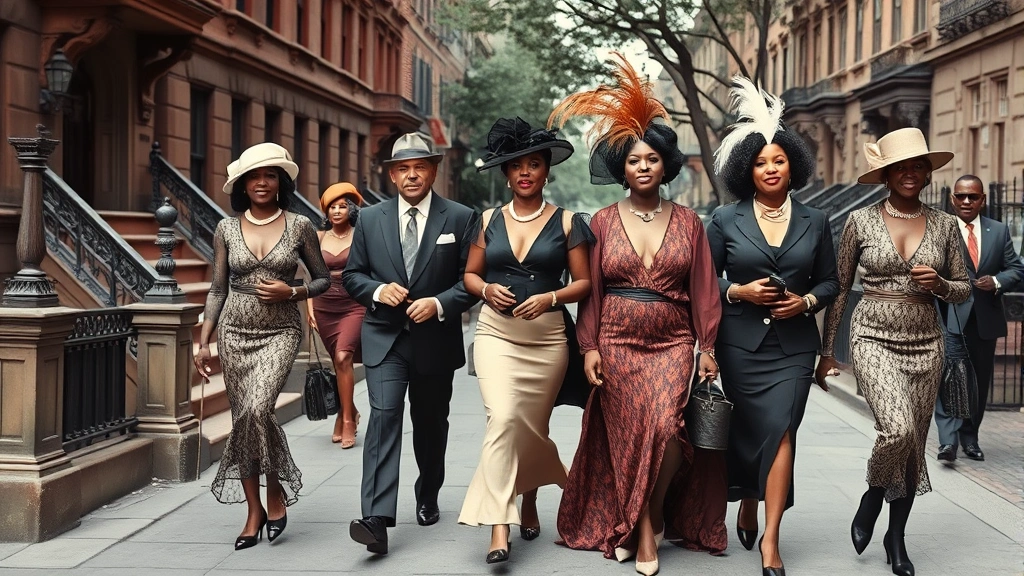 Vintage 1920s Harlem street scene with fashionably dressed African American men and women wearing drop-waisted dresses, zoot suits, feathered headpieces, and bold jewelry walking down a historic street lined with brownstones