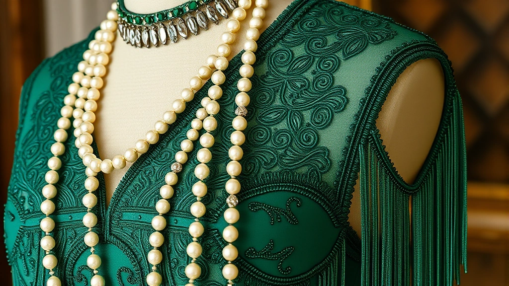 Close-up of an elegant beaded flapper dress in deep emerald green with Art Deco patterns, long pearl strands, and a jeweled headband displayed on a dress form, showing intricate embroidery and fringe details