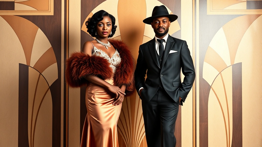 Stylish African American couple in 1930s formal attire—woman in a floor-length satin gown with intricate beading and feathered stole, man in a sharp zoot suit with wide-brimmed fedora, posed against an art deco geometric background