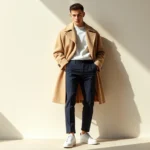 Male fashion model in luxury streetwear, wearing oversized cream wool coat over fitted navy trousers, white minimal sneakers, posed against neutral backdrop, natural lighting, editorial fashion photography style