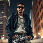 High-fashion editorial photoshoot featuring a musician in luxury designer clothing, posing against an urban backdrop with dramatic lighting, wearing statement pieces and designer accessories, confident and aspirational pose, contemporary style