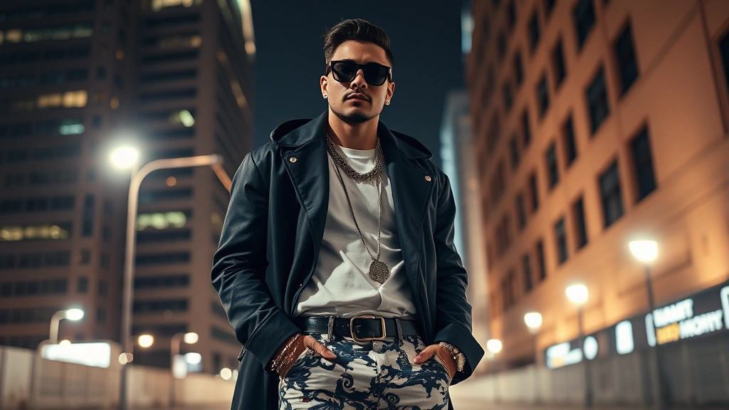 High-fashion editorial photoshoot featuring a musician in luxury designer clothing, posing against an urban backdrop with dramatic lighting, wearing statement pieces and designer accessories, confident and aspirational pose, contemporary style