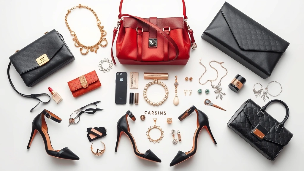 Luxury fashion flat lay arrangement including designer handbags, high-heeled shoes, jewelry, and exclusive accessories arranged artistically on a clean white surface, showcasing premium craftsmanship and elegance