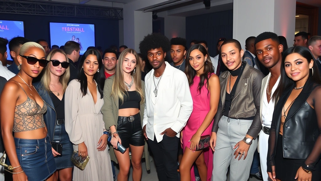 Diverse group of stylish individuals at an upscale fashion event wearing designer brands and luxury pieces, mingling and posing naturally, representing the intersection of music culture and high fashion, sophisticated atmosphere