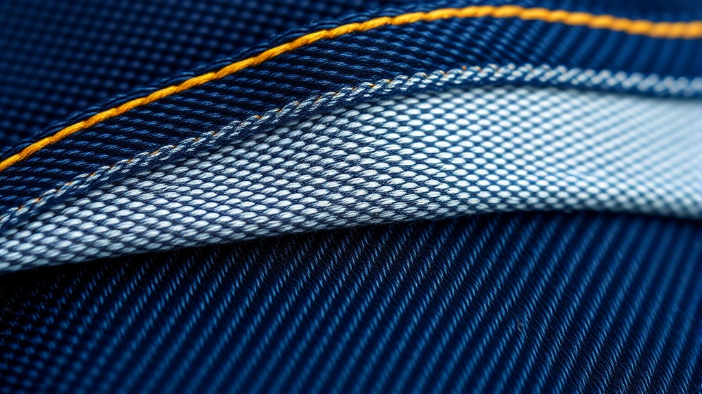 Close-up detail of premium Italian selvedge denim fabric showing exceptional weave quality, stitching craftsmanship, and rich indigo coloration, professional photography