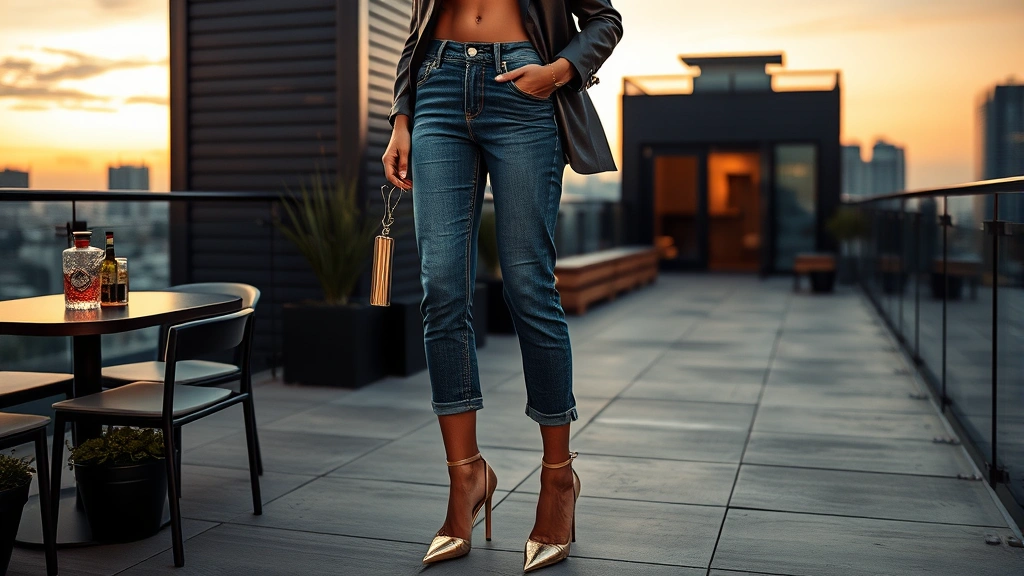 Fashion-forward woman in cropped high-waisted designer denim, metallic heeled sandals, structured blazer, and statement accessories at rooftop cocktail venue at sunset, editorial style