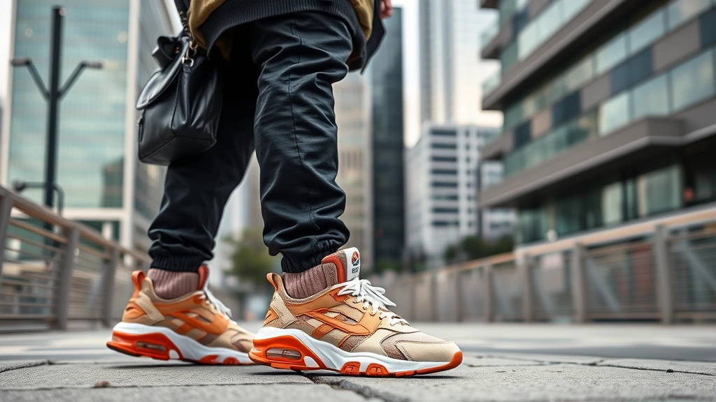 Urban street style photograph of a person wearing designer sneakers, luxury streetwear, and high-end accessories against modern city backdrop