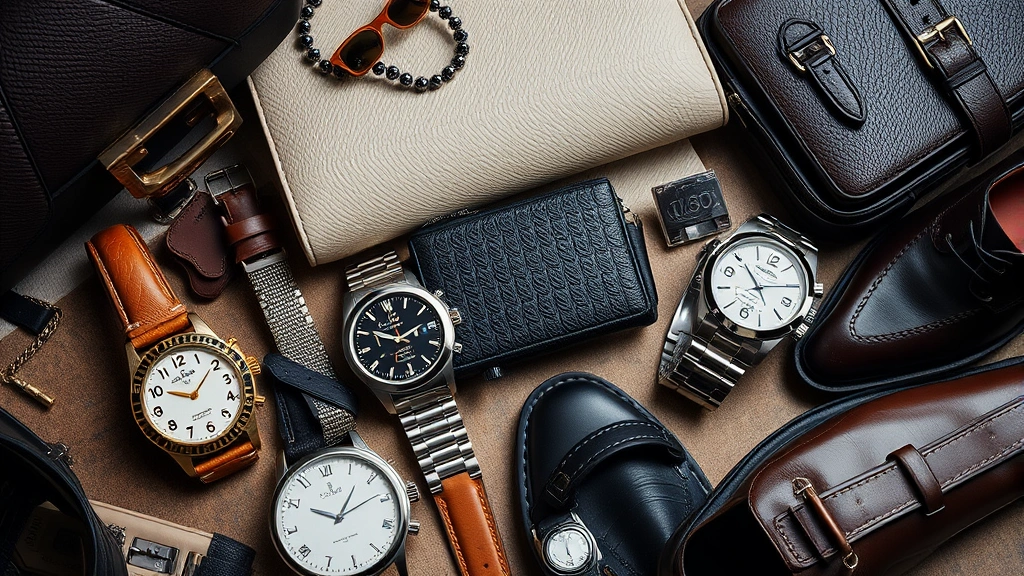 Close-up of luxury designer items arranged artistically: premium watches, designer handbags, luxury footwear, and accessories displaying craftsmanship and exclusivity