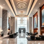 Luxurious modern hotel lobby with contemporary art installations, marble flooring, elegant lighting fixtures, fashion-forward interior design, sophisticated ambiance, no people visible