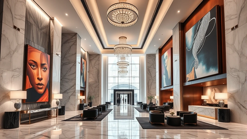 Luxurious modern hotel lobby with contemporary art installations, marble flooring, elegant lighting fixtures, fashion-forward interior design, sophisticated ambiance, no people visible
