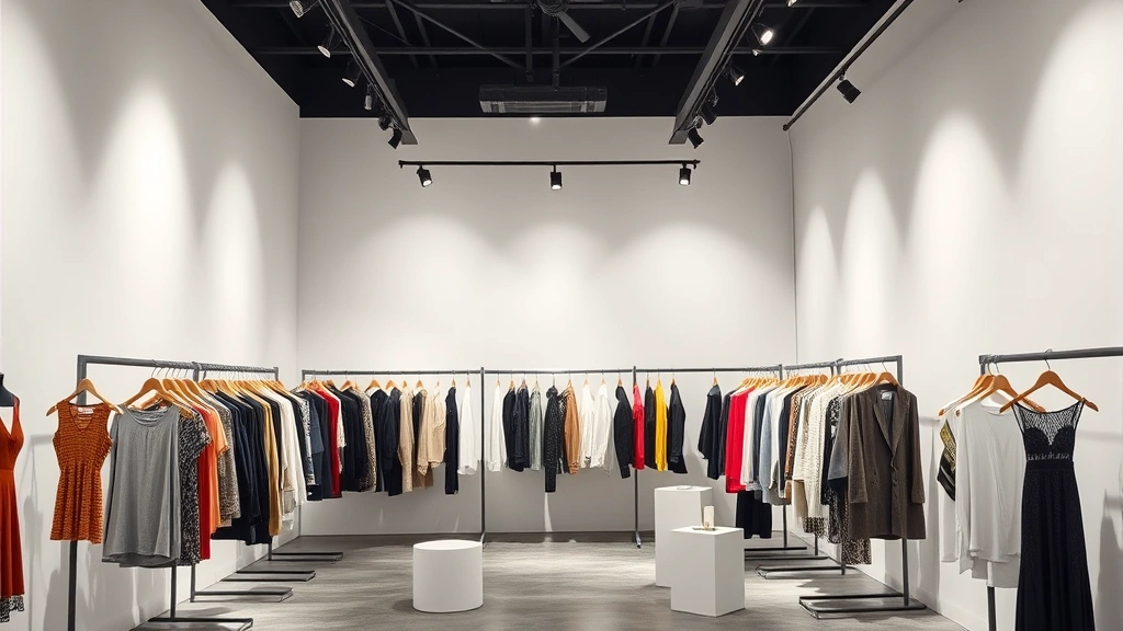 Curated fashion showroom interior with minimalist white walls, professional lighting, designer garments displayed on sleek racks, fashion industry aesthetic, contemporary gallery-like space, no people