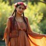 Woman wearing flowing earth-tone maxi dress with embroidered vest, layered gold necklaces, and flower crown, standing in natural sunlight with peaceful expression and long braided hair