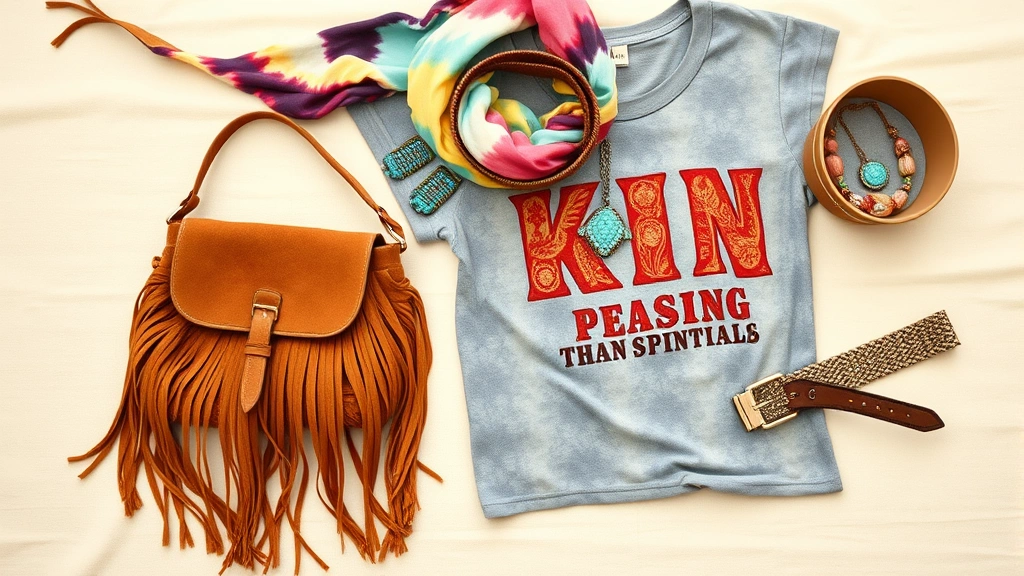 Close-up flat lay of hippie fashion essentials including tie-dye scarf, suede fringe bag, turquoise jewelry, vintage band tee, and woven belt arranged artistically on cream linen background