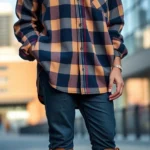 Young person wearing oversized vintage flannel shirt, slim dark jeans, and vintage leather boots in urban setting, natural lighting, authentic street style photography
